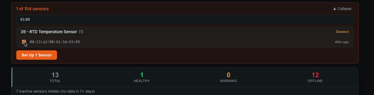 The pending panel on the Atrium sensors page, reading "1 of 154 sensors", filtered by the search term 43:89 to one match, an RTD Temperature Sensor last heard 46 minutes ago, with a Set Up 1 Sensor button. Below it the status roll-up reads 13 total, 1 healthy, 0 warning, 12 offline.