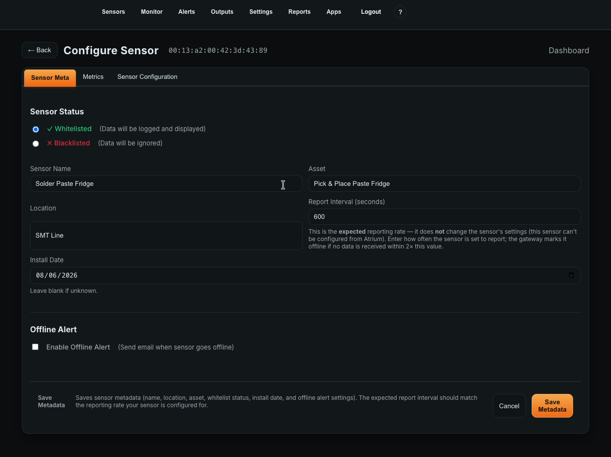 The Sensor Meta tab of the Configure Sensor page, showing Whitelisted and Blacklisted status options, the name, location, asset and install date fields, a Report Interval field set to 600 seconds, an Enable Offline Alert checkbox, and a Save Metadata button.
