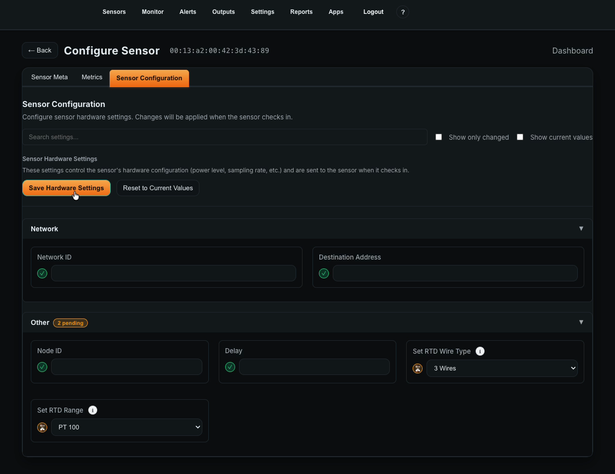 The Sensor Configuration tab, with a note at the top saying changes will be applied when the sensor checks in, a Save Hardware Settings button and a Reset to Current Values button, then a Network section, then a section badged "2 pending" holding Node ID, Delay, Set RTD Wire Type set to 3 Wires and Set RTD Range set to PT 100.