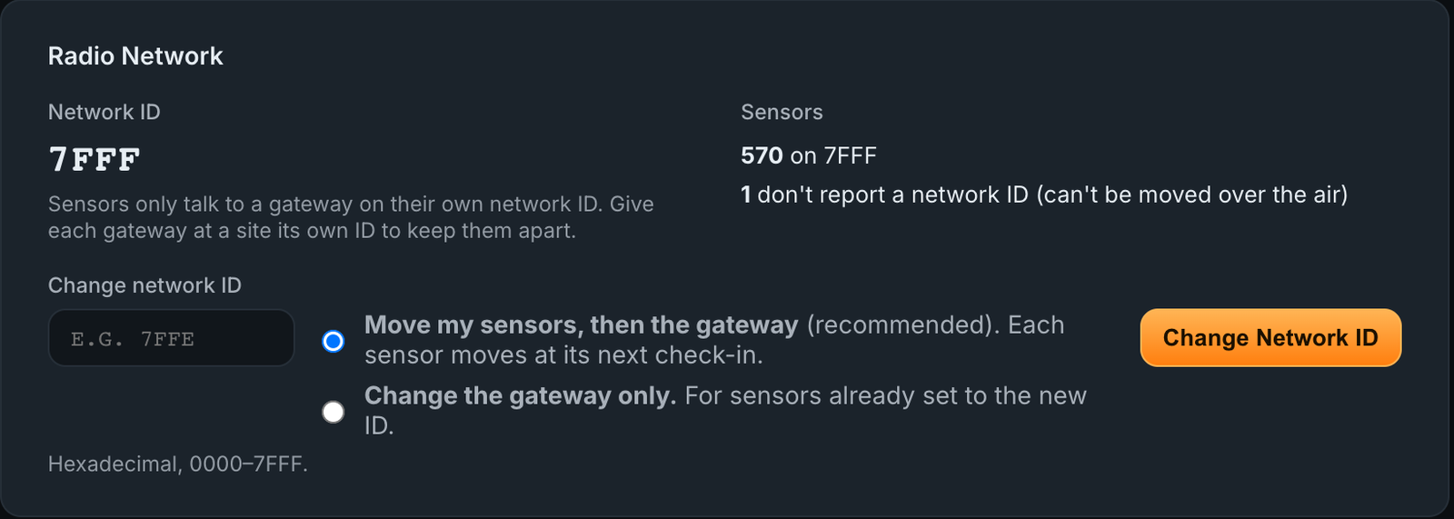 The Radio Network card in Atrium settings, showing Network ID 7FFF, a sensor count, a count of sensors that don't report a network ID and can't be moved over the air, a field for the new hexadecimal ID, two options ("Move my sensors, then the gateway" selected and marked recommended, and "Change the gateway only"), and an orange Change Network ID button.