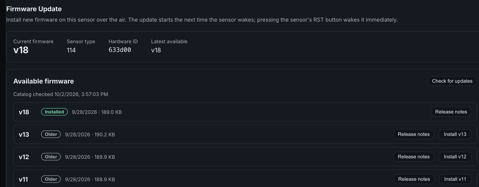 A preview of the Firmware Update tab for a wireless sensor: current firmware v18, sensor type, hardware ID and latest available version across the top, then an Available firmware list with v18 marked Installed and older builds each offering Release notes and Install buttons.